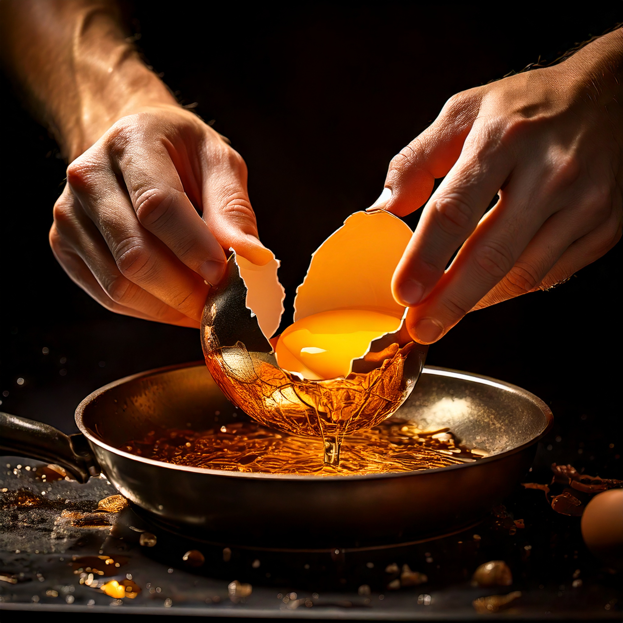 A golden egg being opened over a frying pan