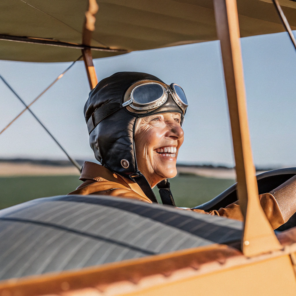 Storytelling pilot in yellow biplane
